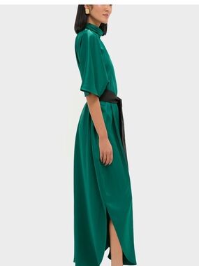 Tuckernuck Emerald Green Satin Wrap Maxi Dress with Black Sash